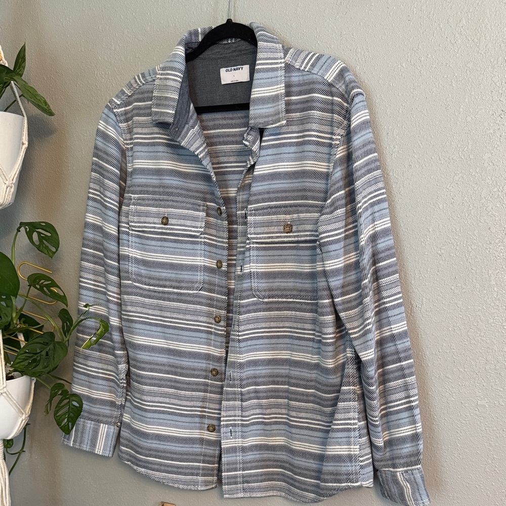 Old Navy Blue and White Striped Casual Shaket